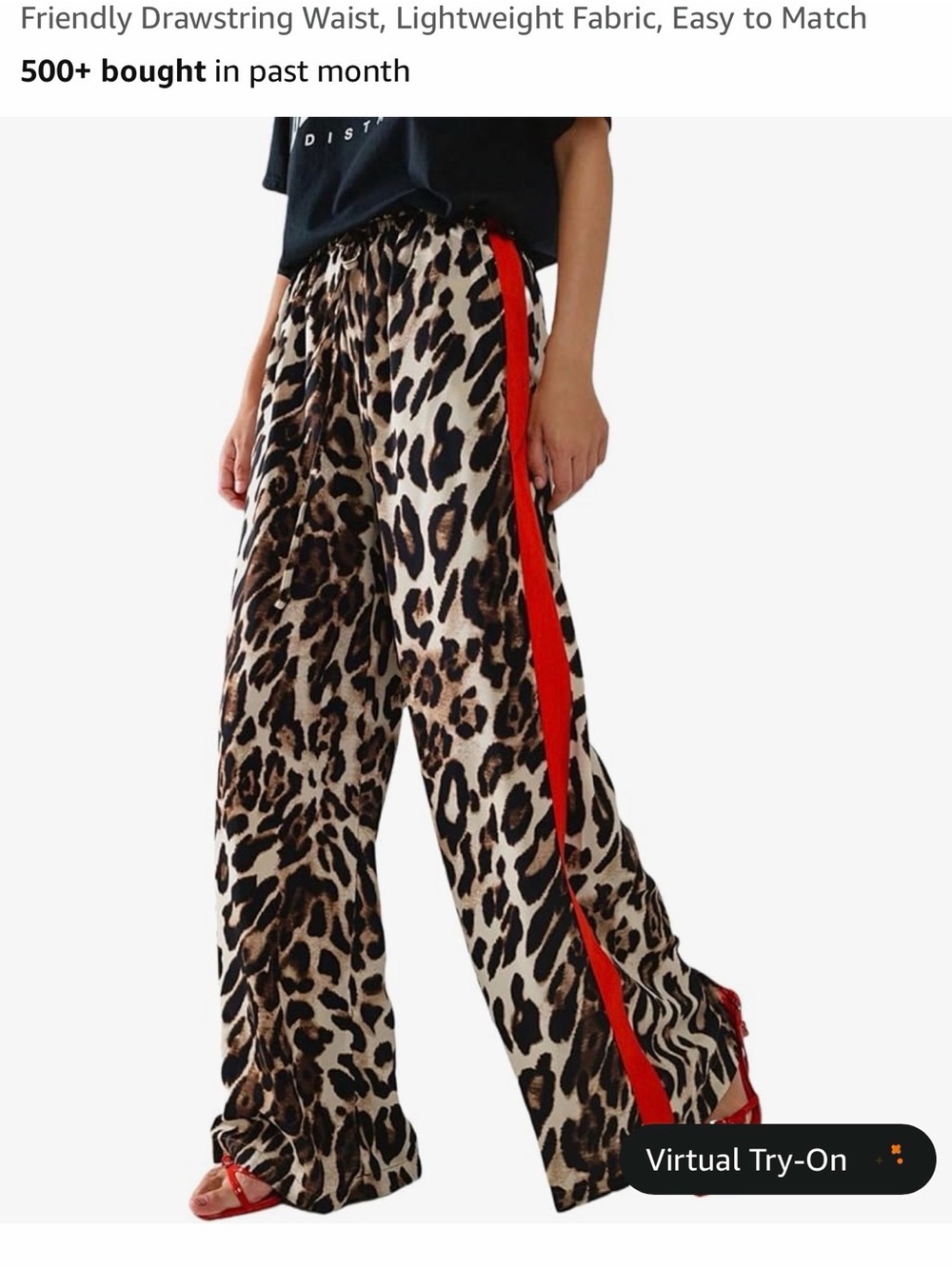 Amazon Leopard Print Wide-Leg Pants with Red Side Stripe